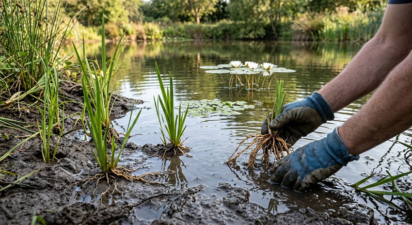 oeverplanten-planten Piantare piante di riva in un laghetto naturale