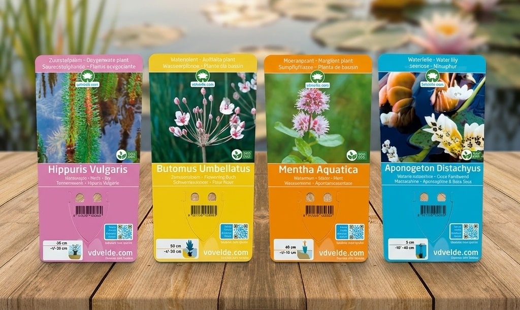 Vijverplant etiketten met plantdiepte per soort