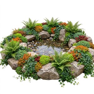 Plantas para bordes de estanques secos, 4-7 m²